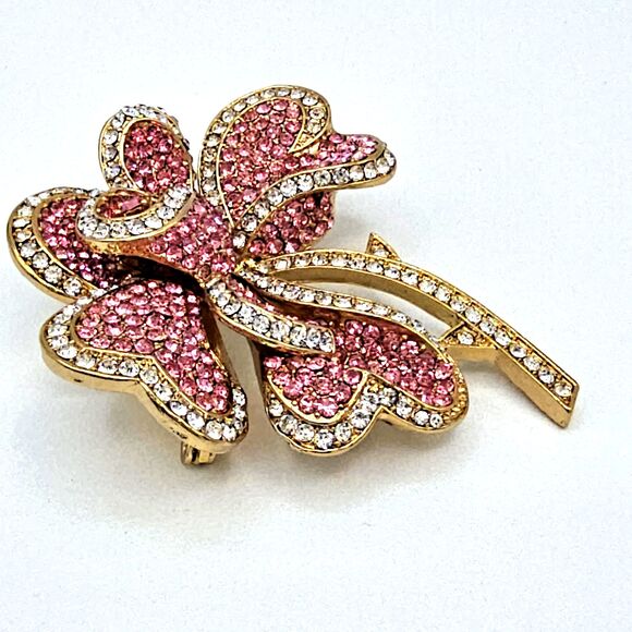 Joan Rivers Flower Brooch Vtg Pink Heart Petal Pave Crystal Swarovski RARE Pin - Picture 3 of 12